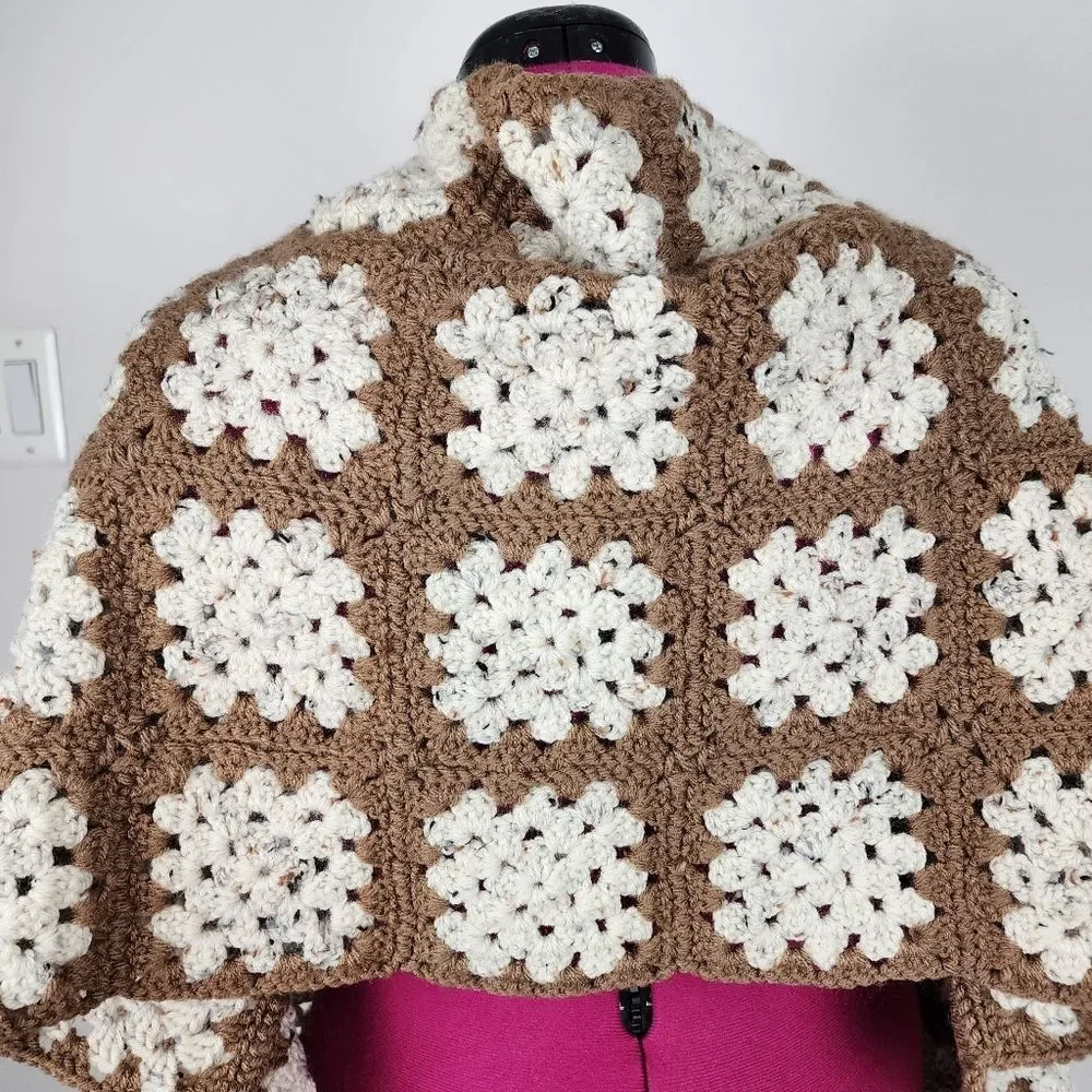 New Handmade Crochet Granny Square Shawl Wrap Scarf Brown Cream Boho Fringe